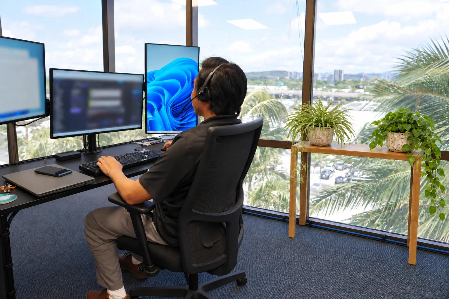 An Enlighten technician working at the service desk with a headset.